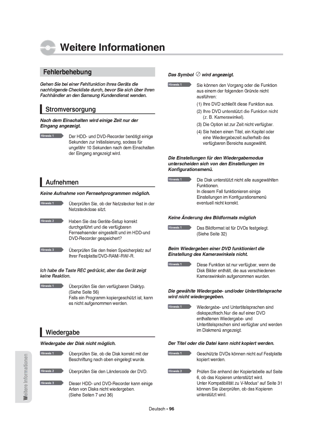 Samsung DVD-HR750/XEG, DVD-HR750/XEB, DVD-HR750/AUS, DVD-HR749/XEG Fehlerbehebung, Stromversorgung, Aufnehmen, Wiedergabe 