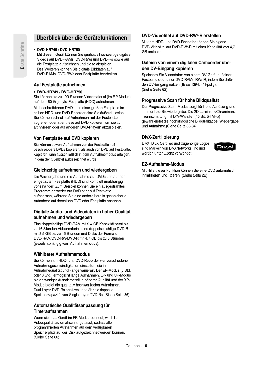 Samsung DVD-HR750/XEB, DVD-HR750/XEG, DVD-HR750/AUS manual Überblick über die Gerätefunktionen 