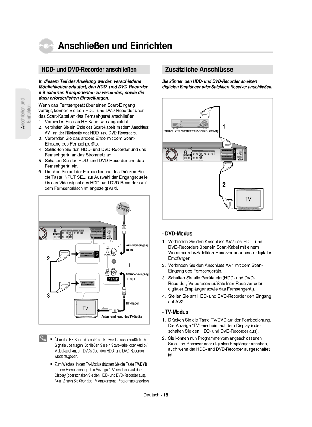 Samsung DVD-HR750/XEG, DVD-HR750/XEB manual HDD- und DVD-Recorder anschließen, Zusätzliche Anschlüsse, DVD-Modus, TV-Modus 