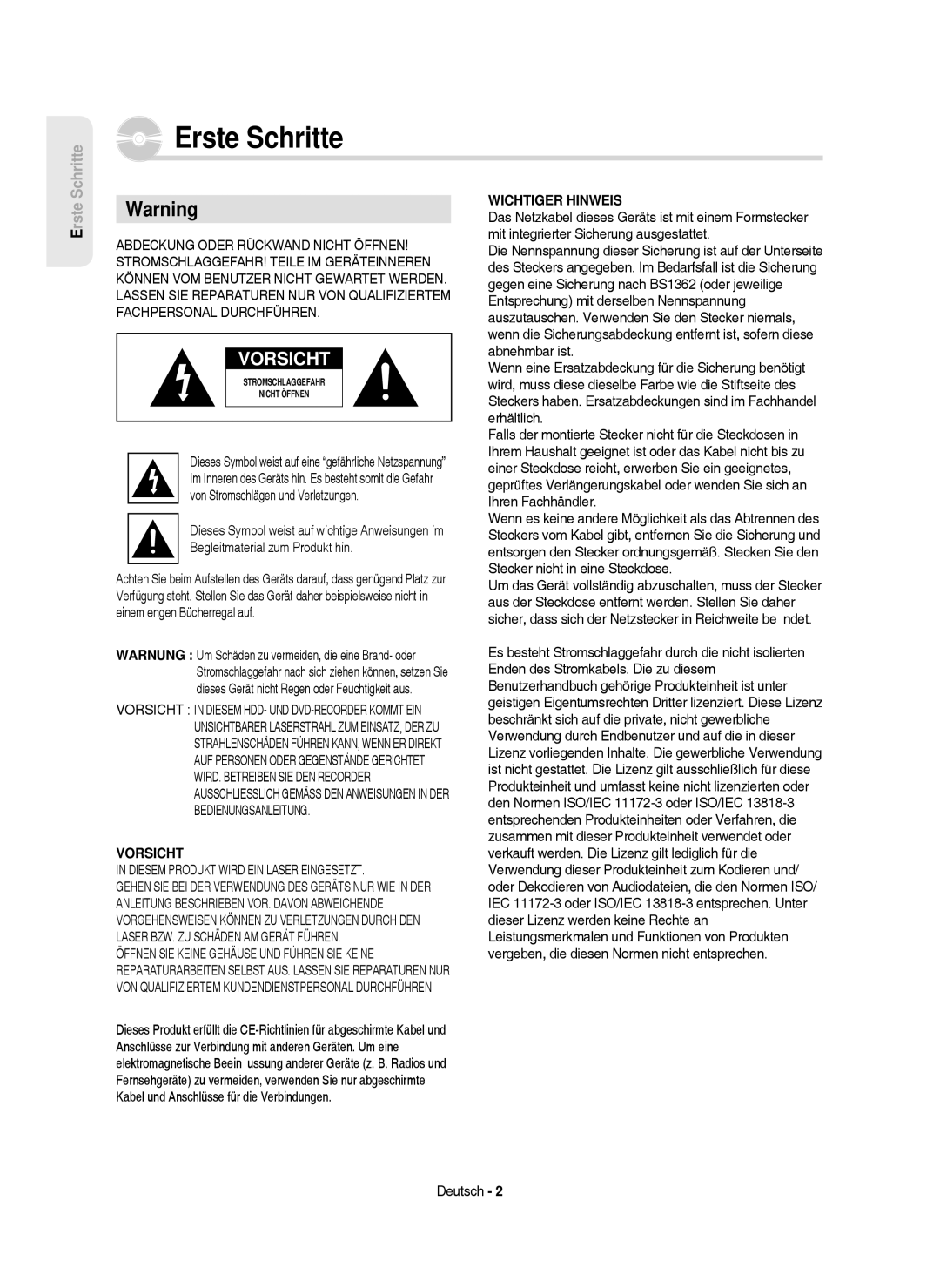 Samsung DVD-HR750/AUS, DVD-HR750/XEG, DVD-HR750/XEB manual Vorsicht, Wichtiger Hinweis 