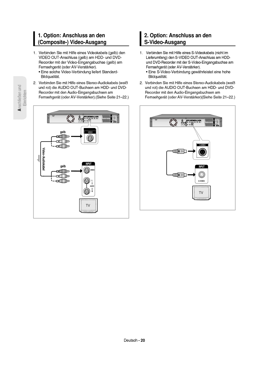 Samsung DVD-HR750/AUS manual Option Anschluss an den S-Video-Ausgang, Und rot die Audio OUT-Buchsen am HDD- und DVD 