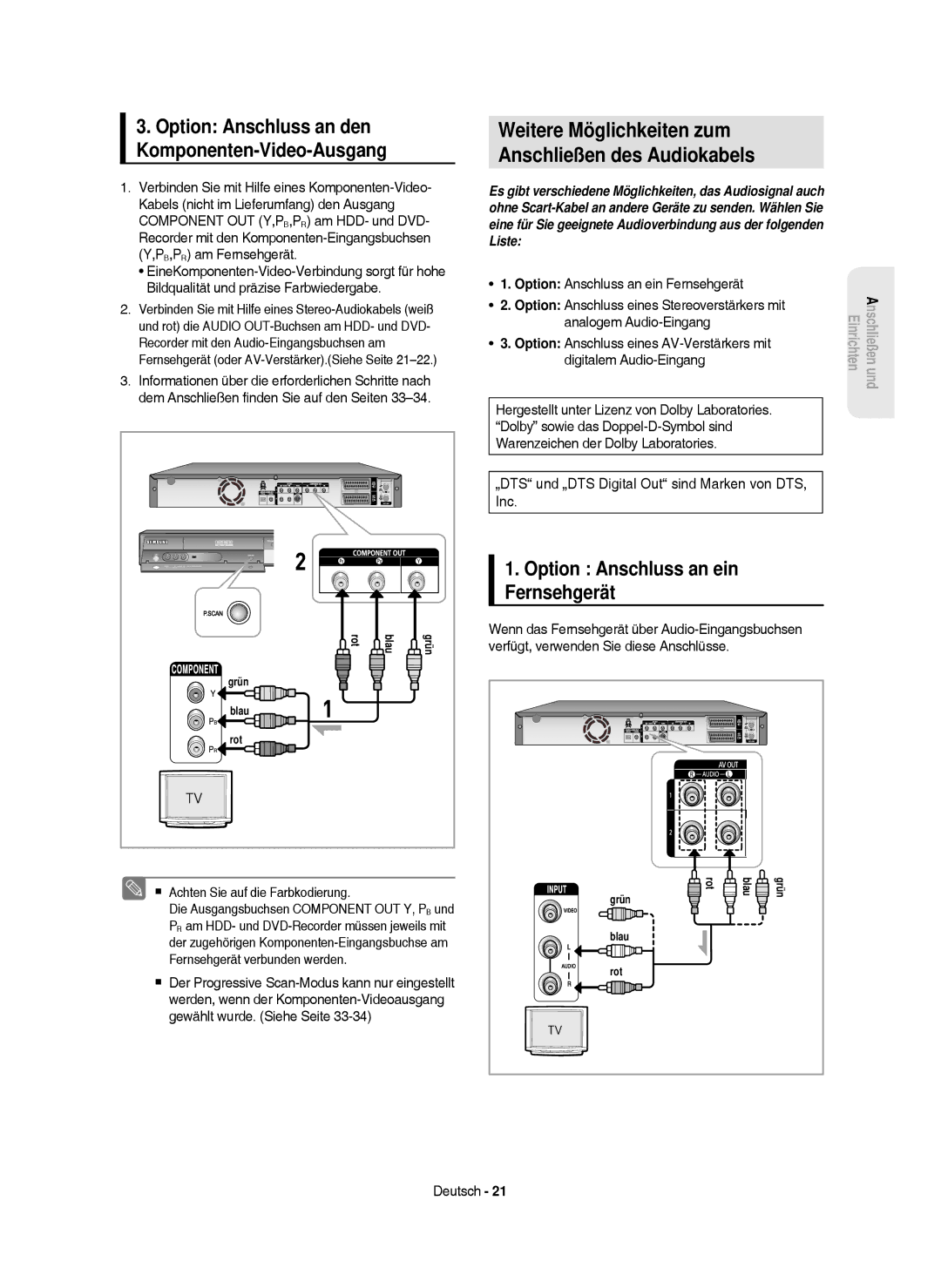 Samsung DVD-HR750/XEG manual Weitere Möglichkeiten zum Anschließen des Audiokabels, Option Anschluss an ein Fernsehgerät 