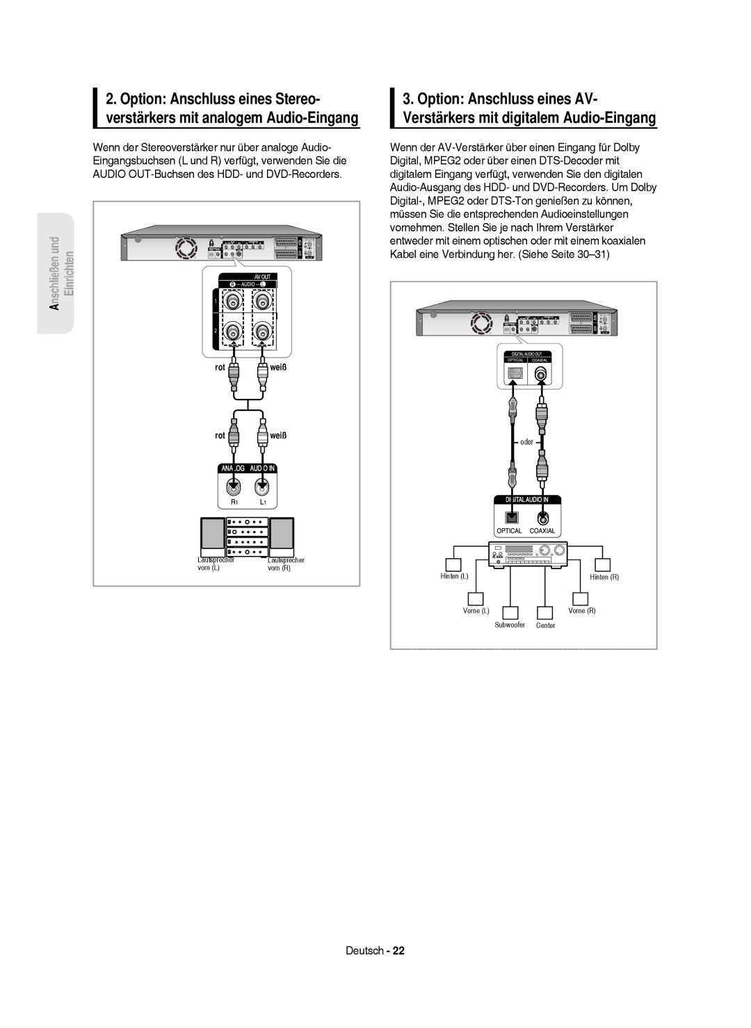 Samsung DVD-HR750/XEB, DVD-HR750/XEG, DVD-HR750/AUS manual Anschließen und Einrichten 