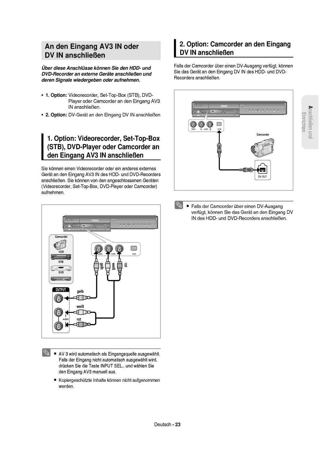 Samsung DVD-HR750/AUS An den Eingang AV3 in oder DV in anschließen, Option Camcorder an den Eingang DV in anschließen 