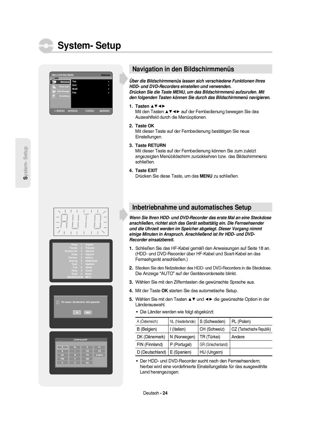 Samsung DVD-HR750/XEG manual Navigation in den Bildschirmmenüs, Inbetriebnahme und automatisches Setup, Tasten, Taste OK 