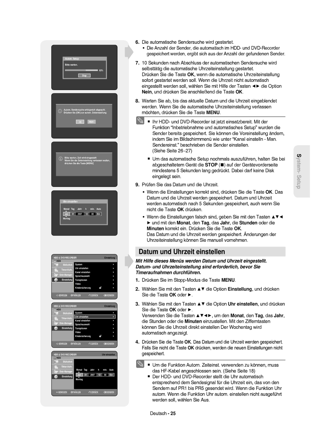 Samsung DVD-HR750/XEB, DVD-HR750/XEG manual Datum und Uhrzeit einstellen, Die automatische Sendersuche wird gestartet 