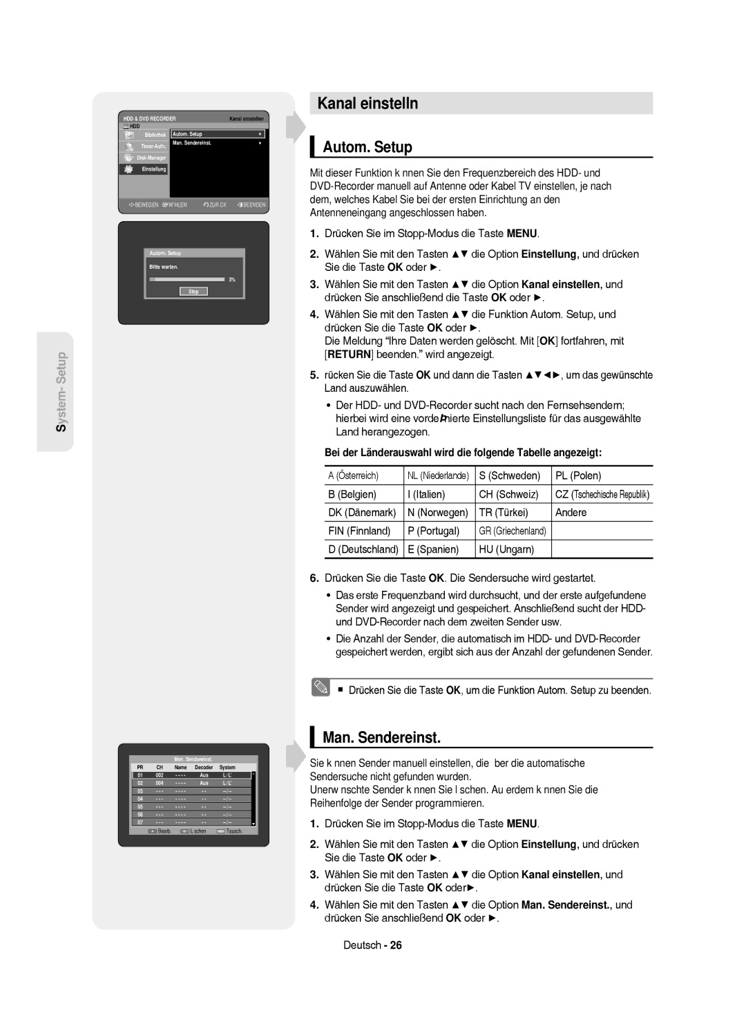 Samsung DVD-HR750/AUS, DVD-HR750/XEG, DVD-HR750/XEB manual Kanal einstelln, Autom. Setup, Man. Sendereinst 