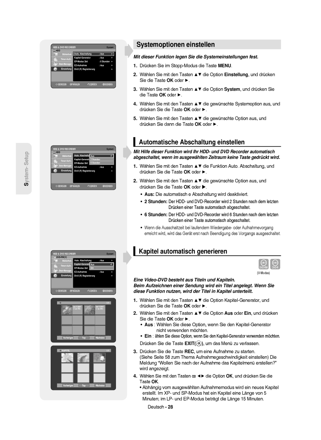 Samsung DVD-HR750/XEB manual Systemoptionen einstellen, Automatische Abschaltung einstellen, Kapitel automatisch generieren 