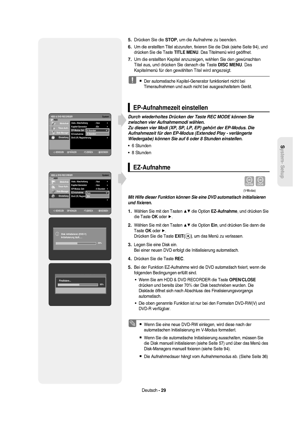 Samsung DVD-HR750/AUS EP-Aufnahmezeit einstellen, EZ-Aufnahme, Drücken Sie die STOP, um die Aufnahme zu beenden, Stunden 