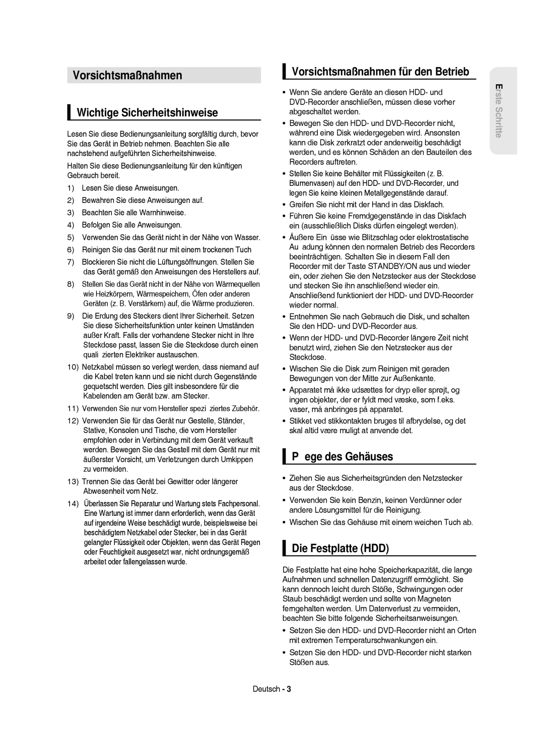 Samsung DVD-HR750/XEG manual Wichtige Sicherheitshinweise, Vorsichtsmaßnahmen für den Betrieb, Pﬂege des Gehäuses 