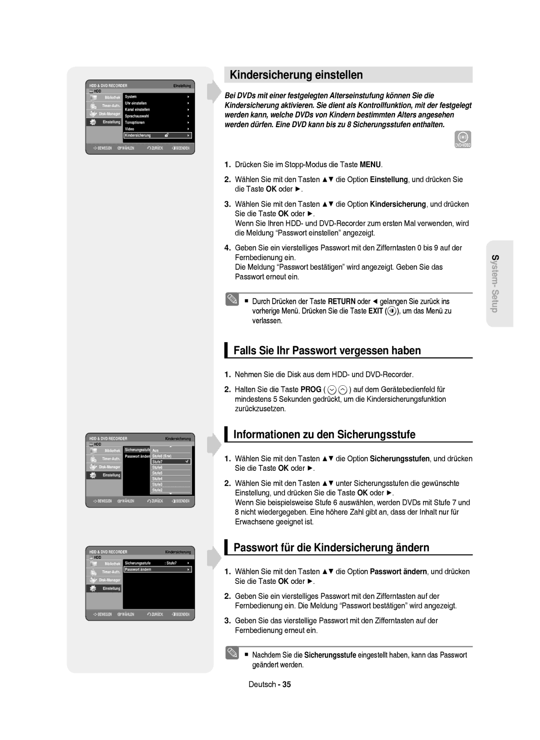 Samsung DVD-HR750/AUS, DVD-HR750/XEG, DVD-HR750/XEB manual Kindersicherung einstellen, Falls Sie Ihr Passwort vergessen haben 