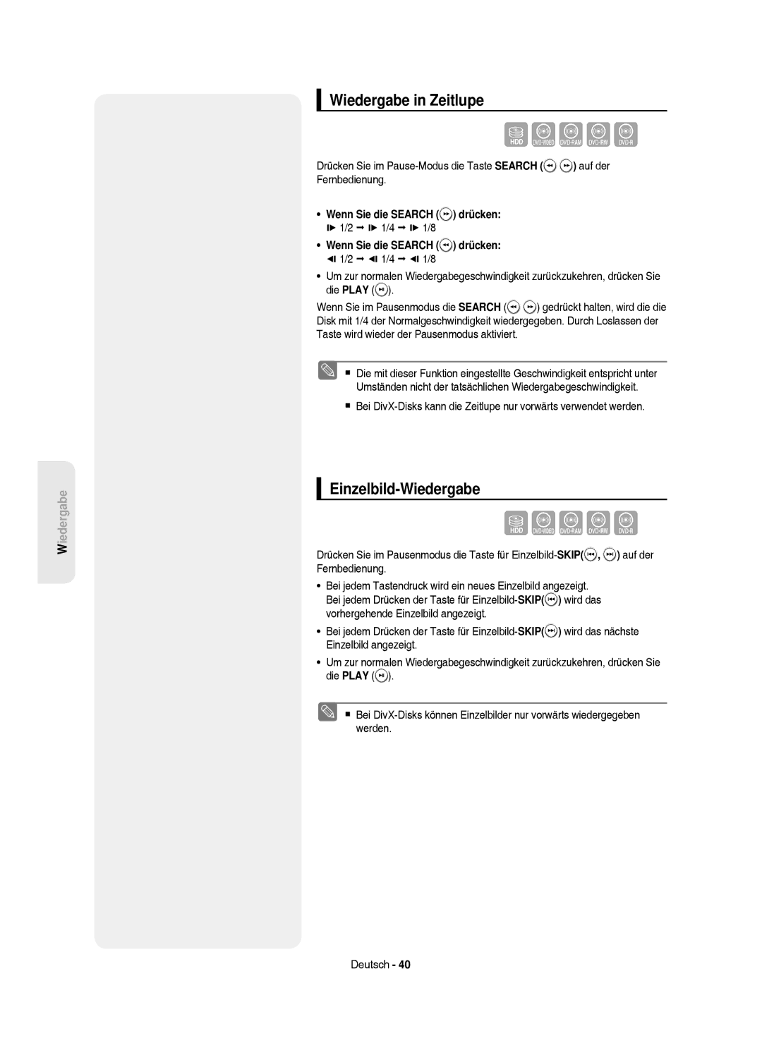 Samsung DVD-HR750/XEB manual Wiedergabe in Zeitlupe, Einzelbild-Wiedergabe, Wenn Sie die Search drücken,  1/2  1/4 1/8 