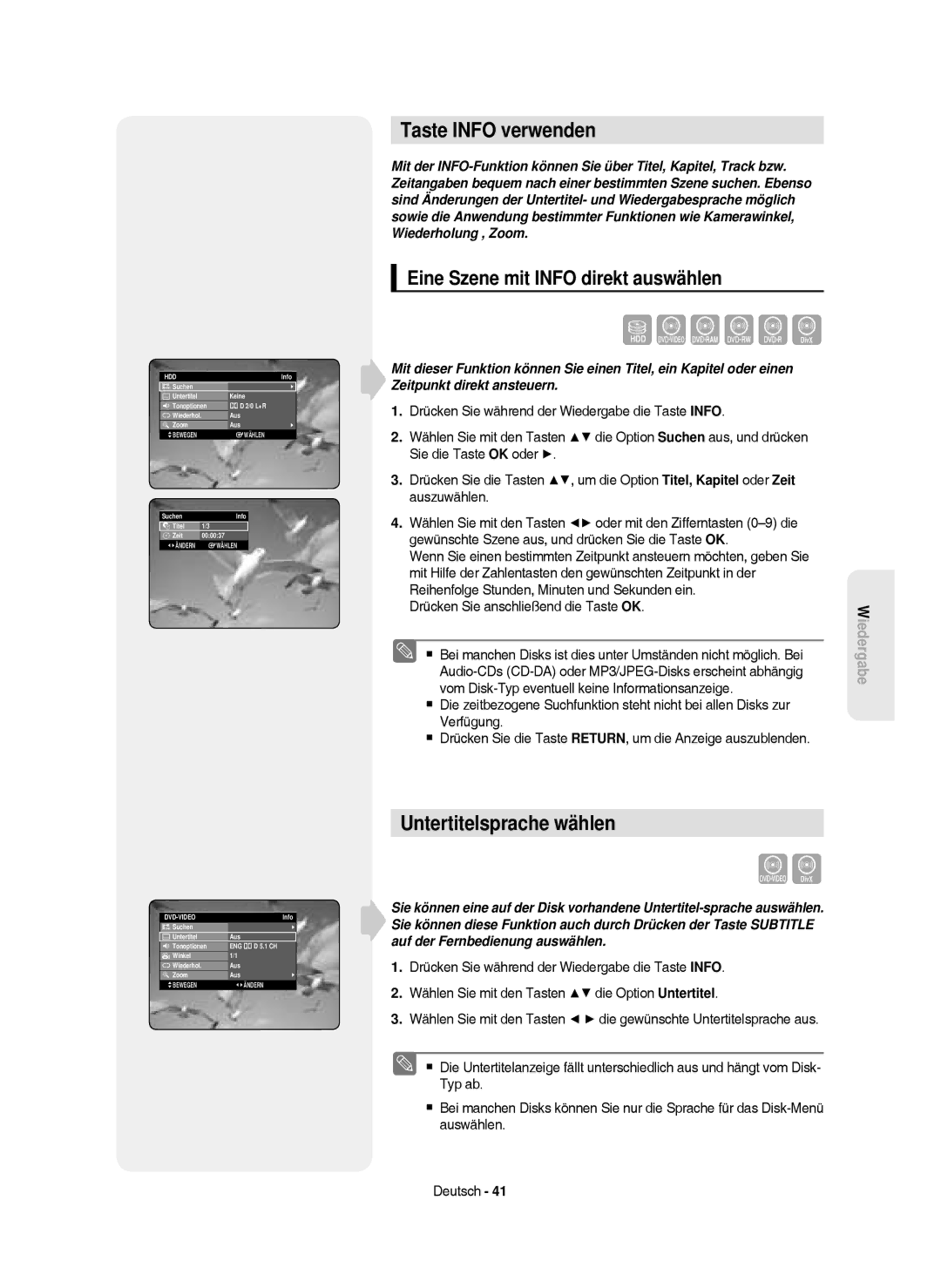 Samsung DVD-HR750/AUS Taste Info verwenden, Untertitelsprache wählen, Eine Szene mit Info direkt auswählen, Dvd-Video 