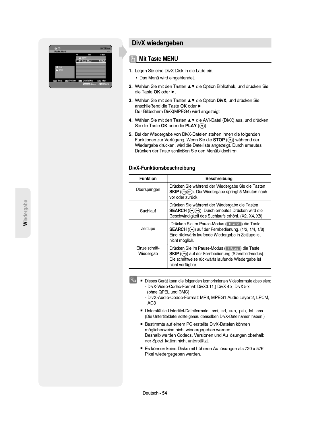 Samsung DVD-HR750/XEG, DVD-HR750/XEB manual DivX wiedergeben, Mit Taste Menu, DivX-Funktionsbeschreibung, Beschreibung, Skip 