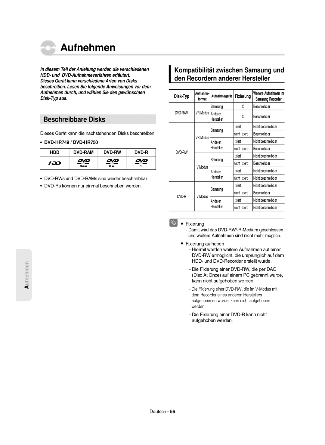 Samsung DVD-HR750/AUS, DVD-HR750/XEG, DVD-HR750/XEB manual Beschreibbare Disks, Hdd Dvd-Ram Dvd-Rw, Disk-Typ 