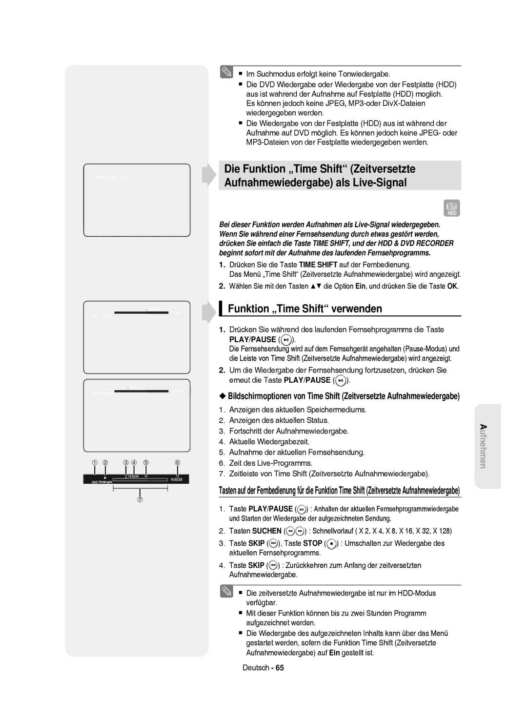 Samsung DVD-HR750/AUS manual Funktion „Time Shift verwenden,  Im Suchmodus erfolgt keine Tonwiedergabe, Play/Pause 