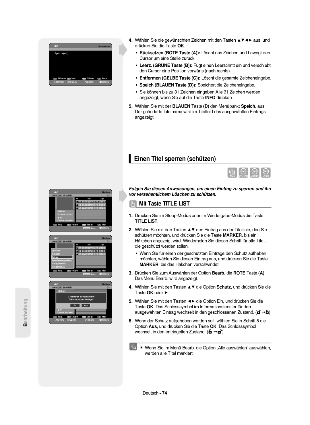 Samsung DVD-HR750/AUS Einen Titel sperren schützen, SportsA1, Schutz Neue Wiedergabeliste4 Jan/02/2007 Alle auswählen1 SP 