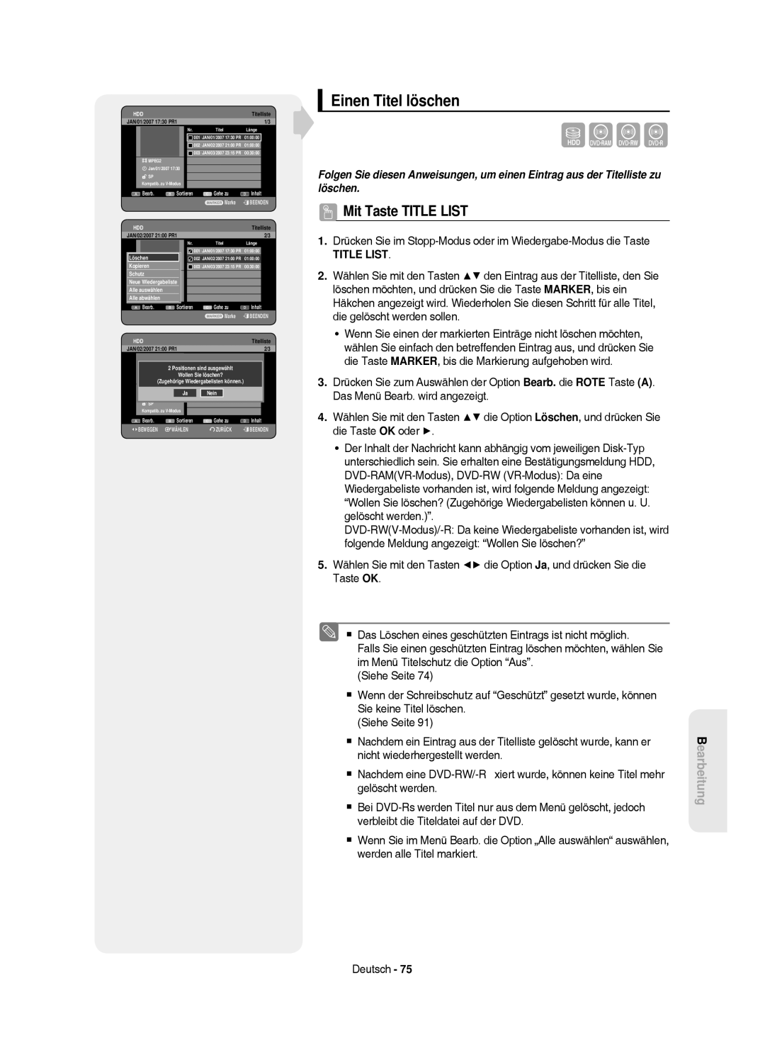 Samsung DVD-HR750/XEG, DVD-HR750/XEB manual Einen Titel löschen, JAN/02/2007 2100 PR1, Schutz 3 MPEG2, Wollen Sie löschen? 