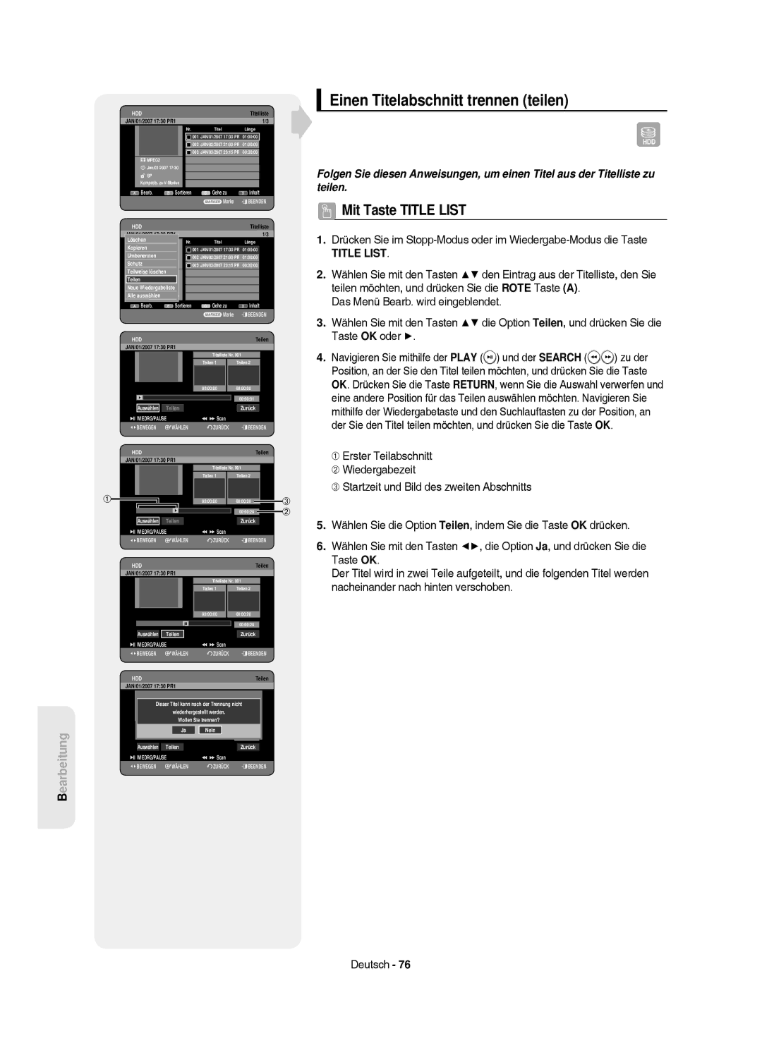 Samsung DVD-HR750/XEB, DVD-HR750/XEG manual Einen Titelabschnitt trennen teilen, Teilen Neue Wiedergabeliste, Zurück, Nicht 