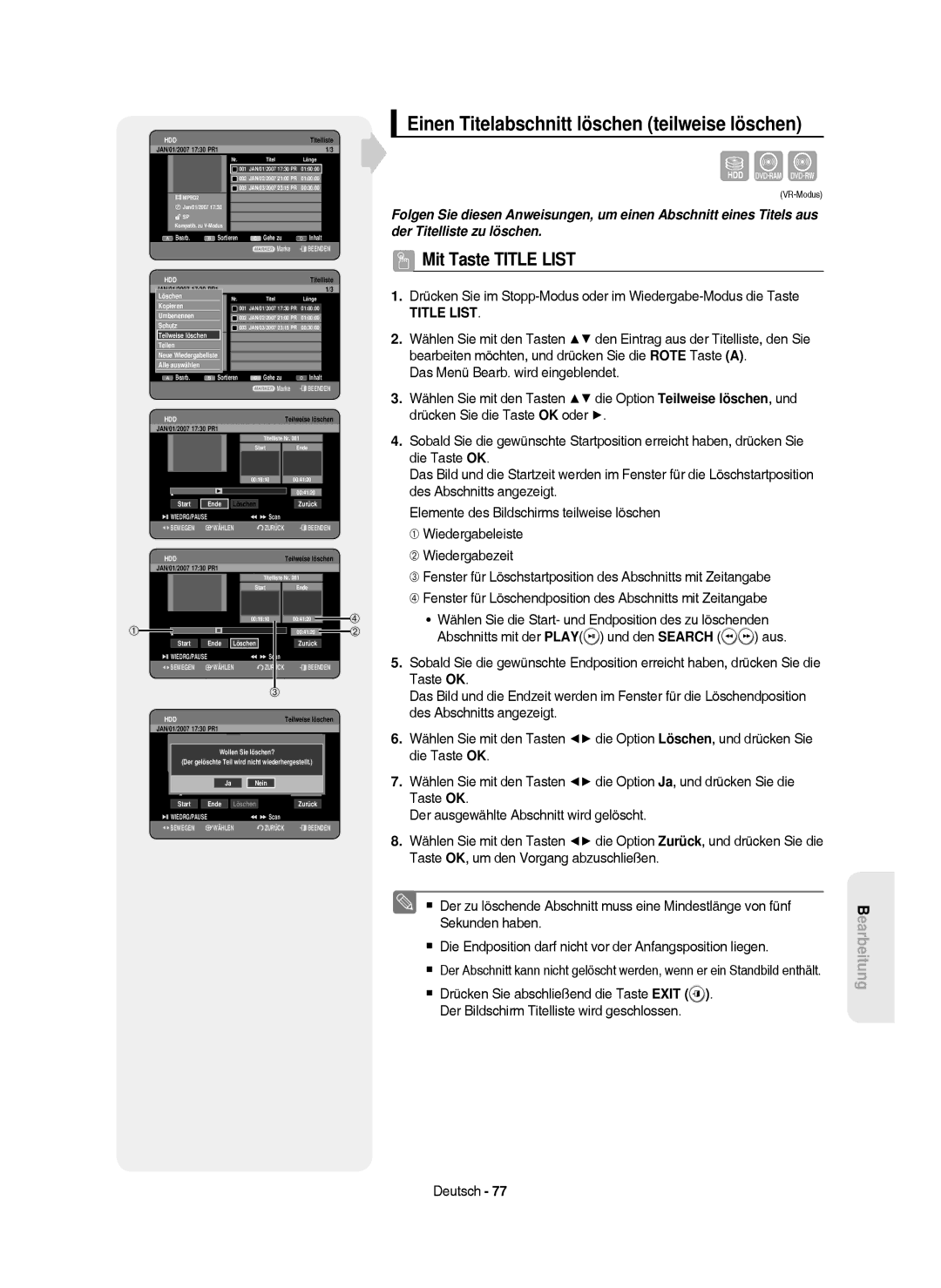 Samsung DVD-HR750/AUS, DVD-HR750/XEG, DVD-HR750/XEB manual Einen Titelabschnitt löschen teilweise löschen 