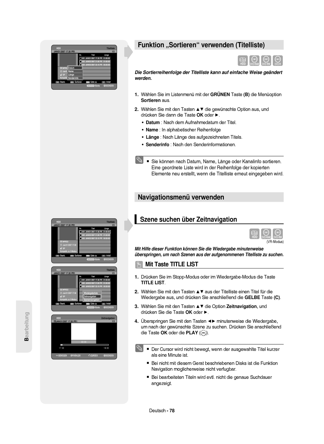 Samsung DVD-HR750/XEG, DVD-HR750/XEB, DVD-HR750/AUS Funktion „Sortieren verwenden Titelliste, Navigationsmenü verwenden 