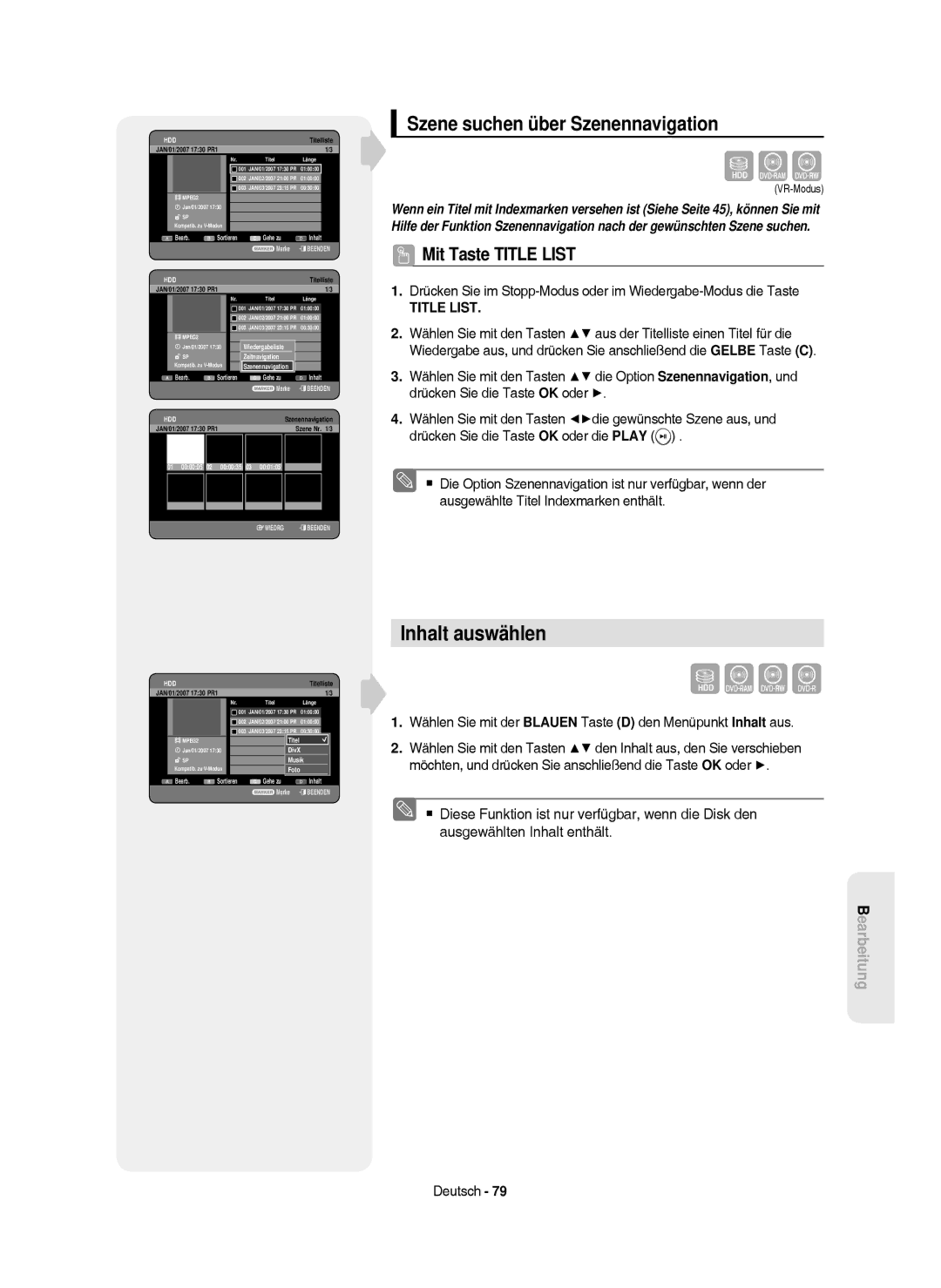 Samsung DVD-HR750/XEB, DVD-HR750/XEG manual Inhalt auswählen, Szene suchen über Szenennavigation, 01 000005 02 000035 03 