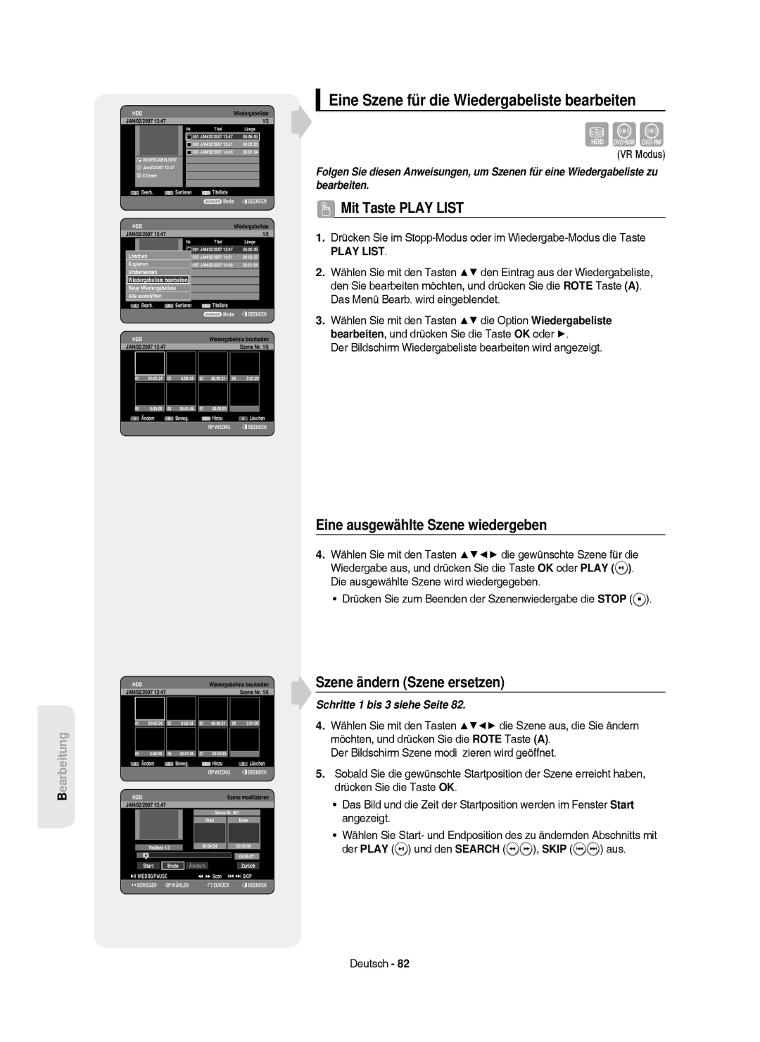 Samsung DVD-HR750/XEB, DVD-HR750/XEG Eine Szene für die Wiedergabeliste bearbeiten, Eine ausgewählte Szene wiedergeben 