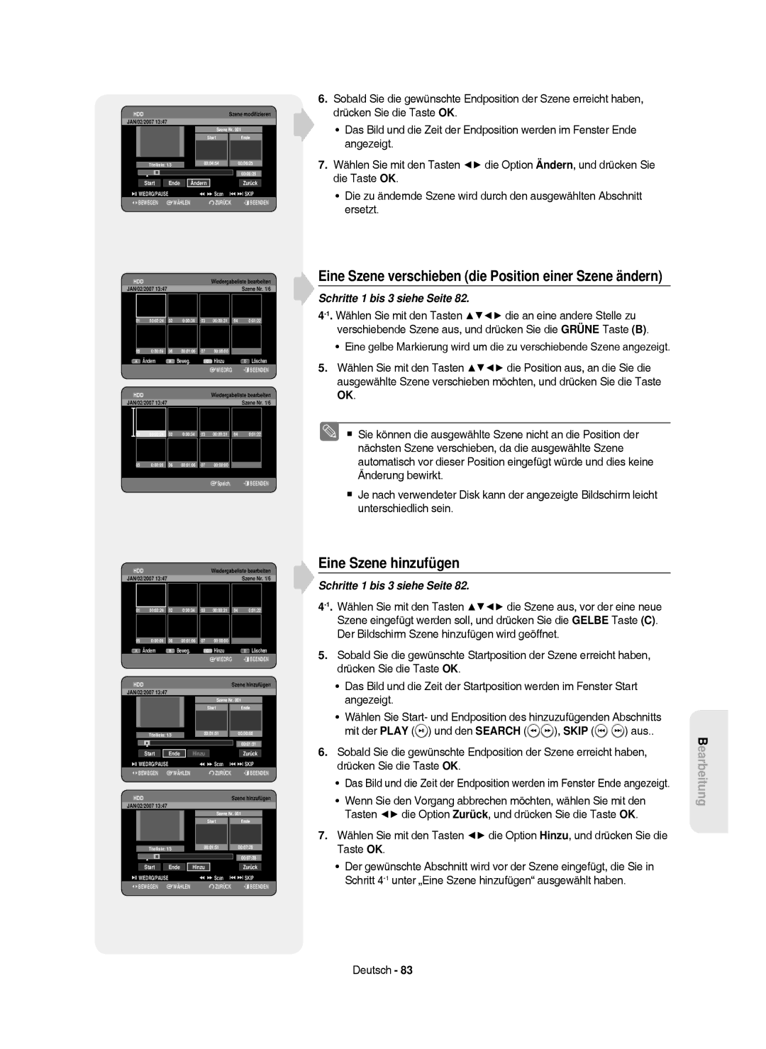 Samsung DVD-HR750/AUS Eine Szene hinzufügen, Eine Szene verschieben die Position einer Szene ändern, Start Ende Hinzu 