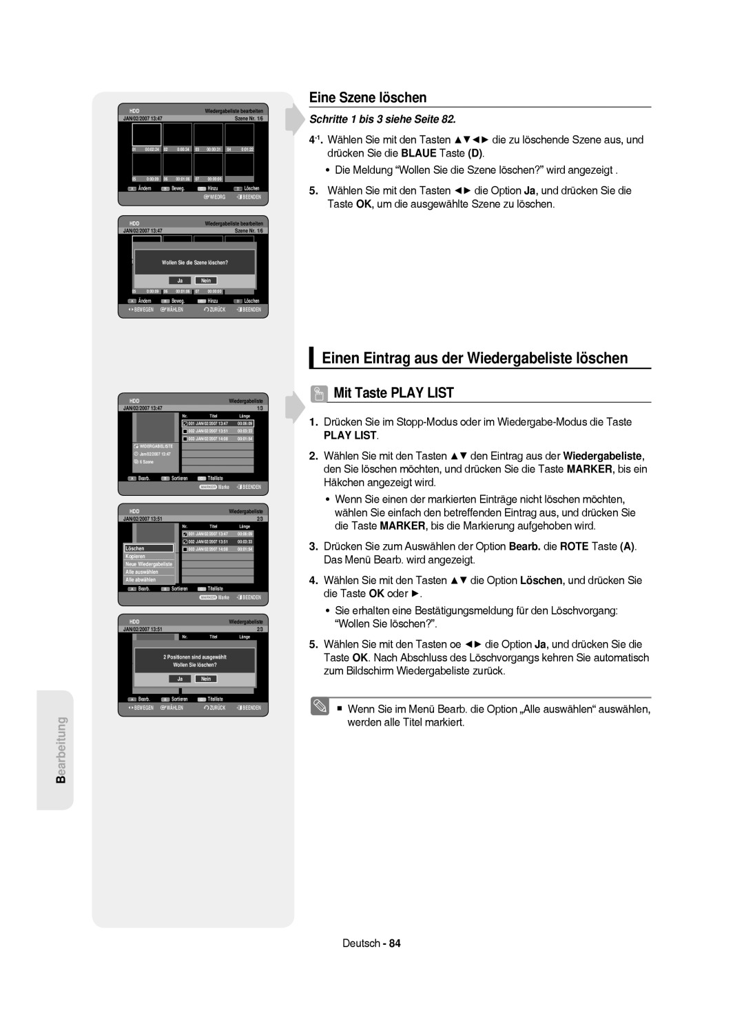 Samsung DVD-HR750/XEG, DVD-HR750/XEB, DVD-HR750/AUS manual Einen Eintrag aus der Wiedergabeliste löschen, Eine Szene löschen 