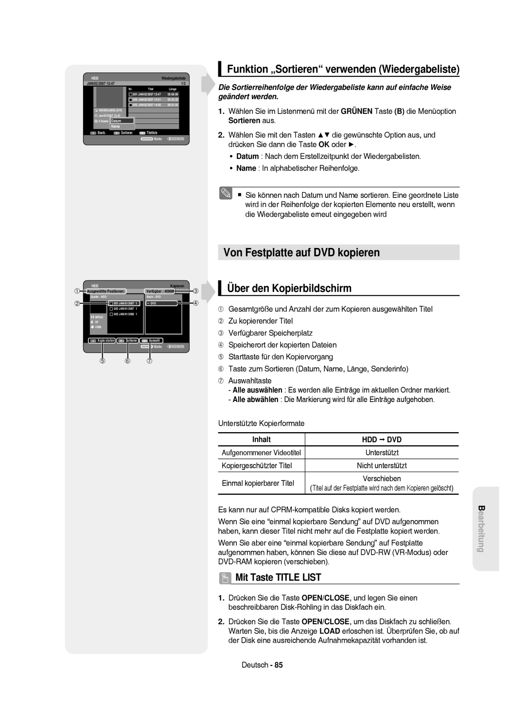 Samsung DVD-HR750/XEB manual Von Festplatte auf DVD kopieren, Funktion „Sortieren verwenden Wiedergabeliste, Hdd Dvd 