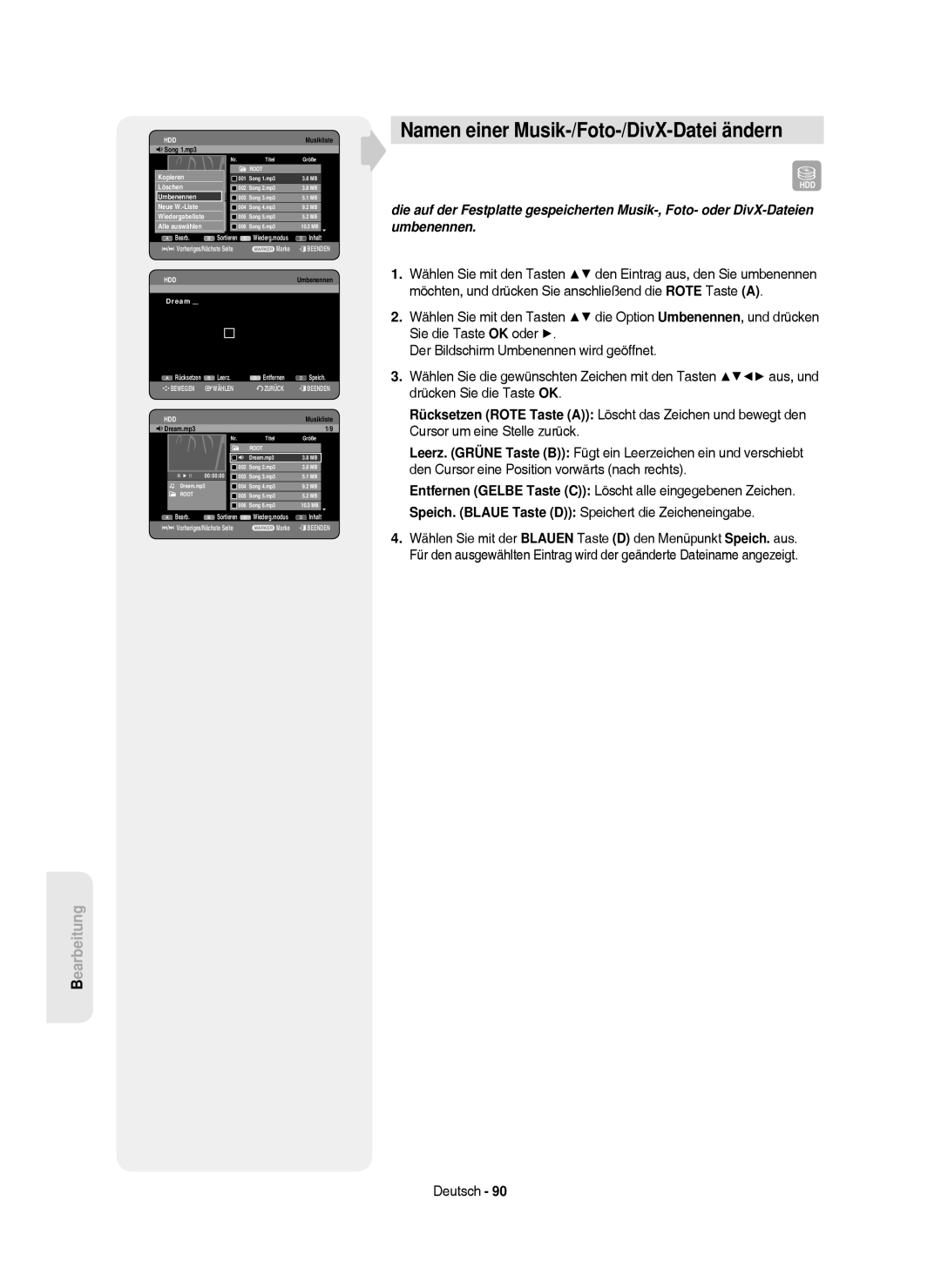 Samsung DVD-HR750/XEG manual Namen einer Musik-/Foto-/DivX-Datei ändern, Song 1.mp3, Wiedergabeliste Alle auswählen, Dream 