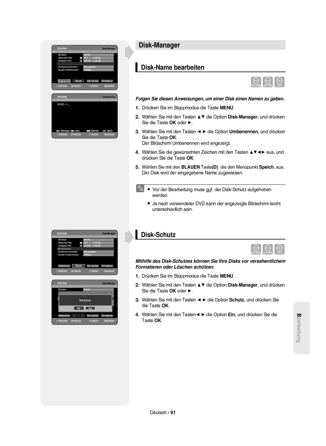 Samsung DVD-HR750/XEB manual Disk-Manager, Disk-Name bearbeiten, Disk-Schutz, Drücken Sie im Stoppmodus die Taste Menu 