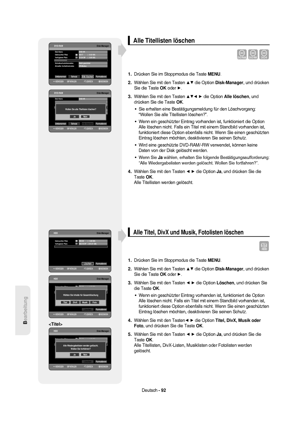 Samsung DVD-HR750/AUS, DVD-HR750/XEG Alle Titellisten löschen, Alle Titel, DivX und Musik, Fotolisten löschen, Musik Foto 