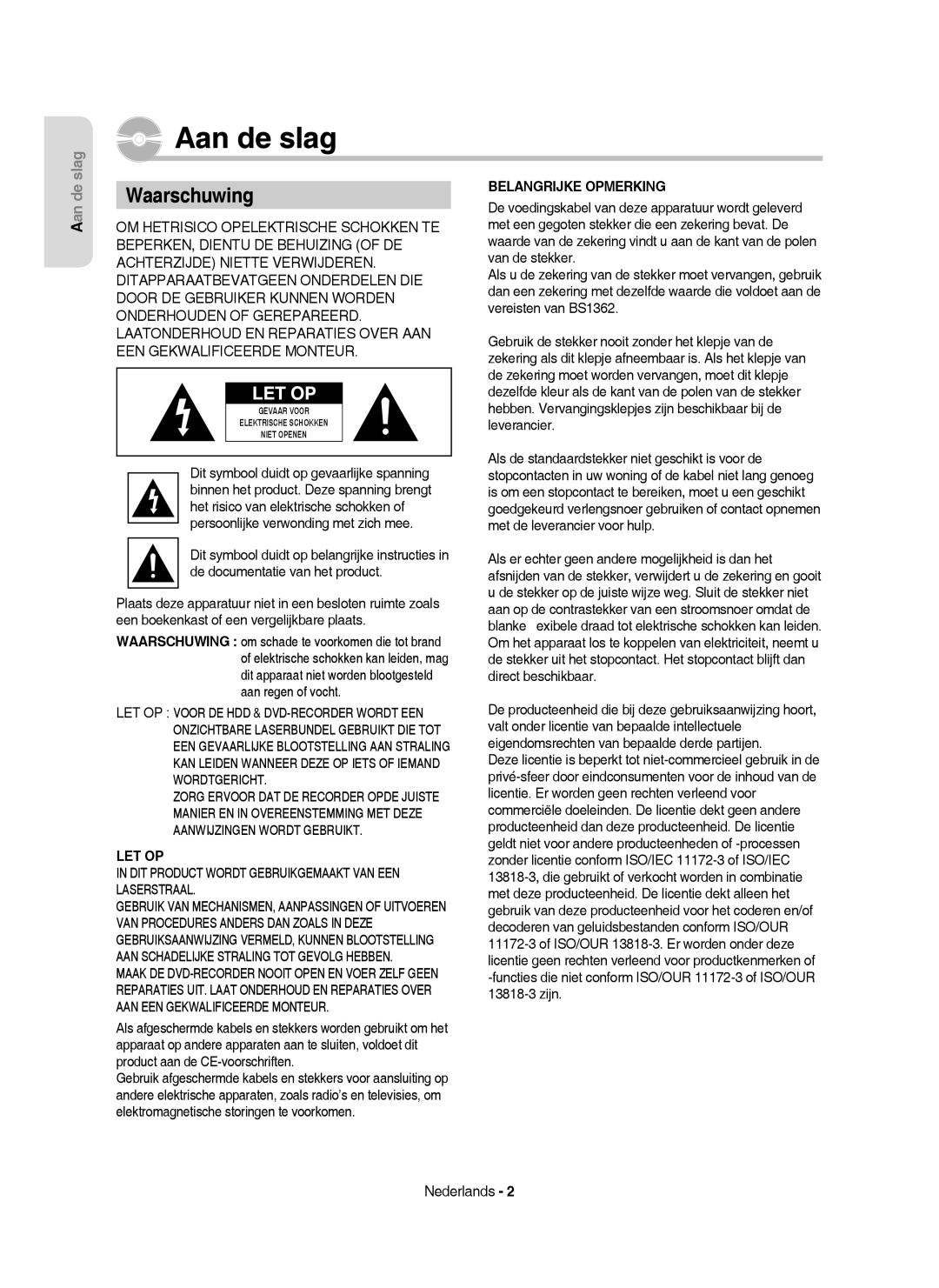 Samsung DVD-HR750/XEB, DVD-HR750/XEG, DVD-HR750/AUS manual Aan de slag, Waarschuwing, Nederlands 