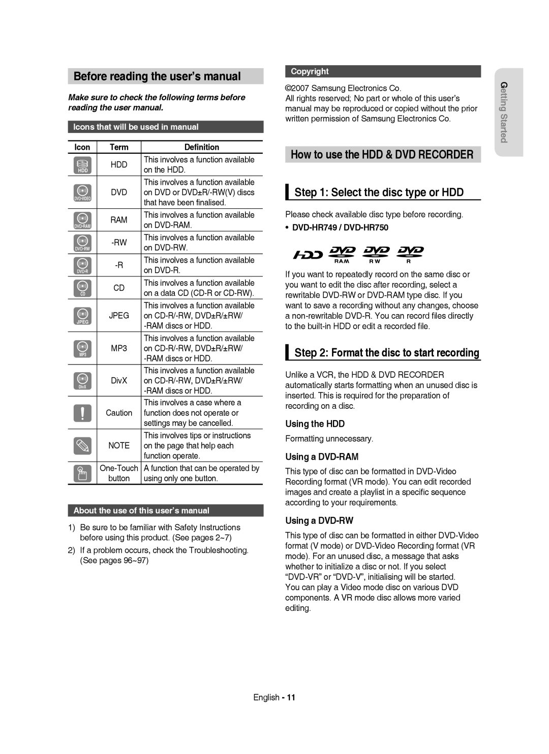 Samsung DVD-HR750/AUS Before reading the user’s manual, Select the disc type or HDD, How to use the HDD & DVD Recorder 