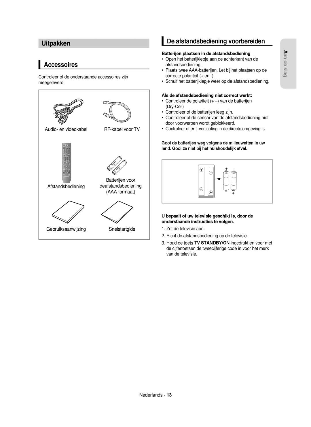 Samsung DVD-HR750/XEG, DVD-HR750/XEB, DVD-HR750/AUS manual Uitpakken, Accessoires, De afstandsbediening voorbereiden 