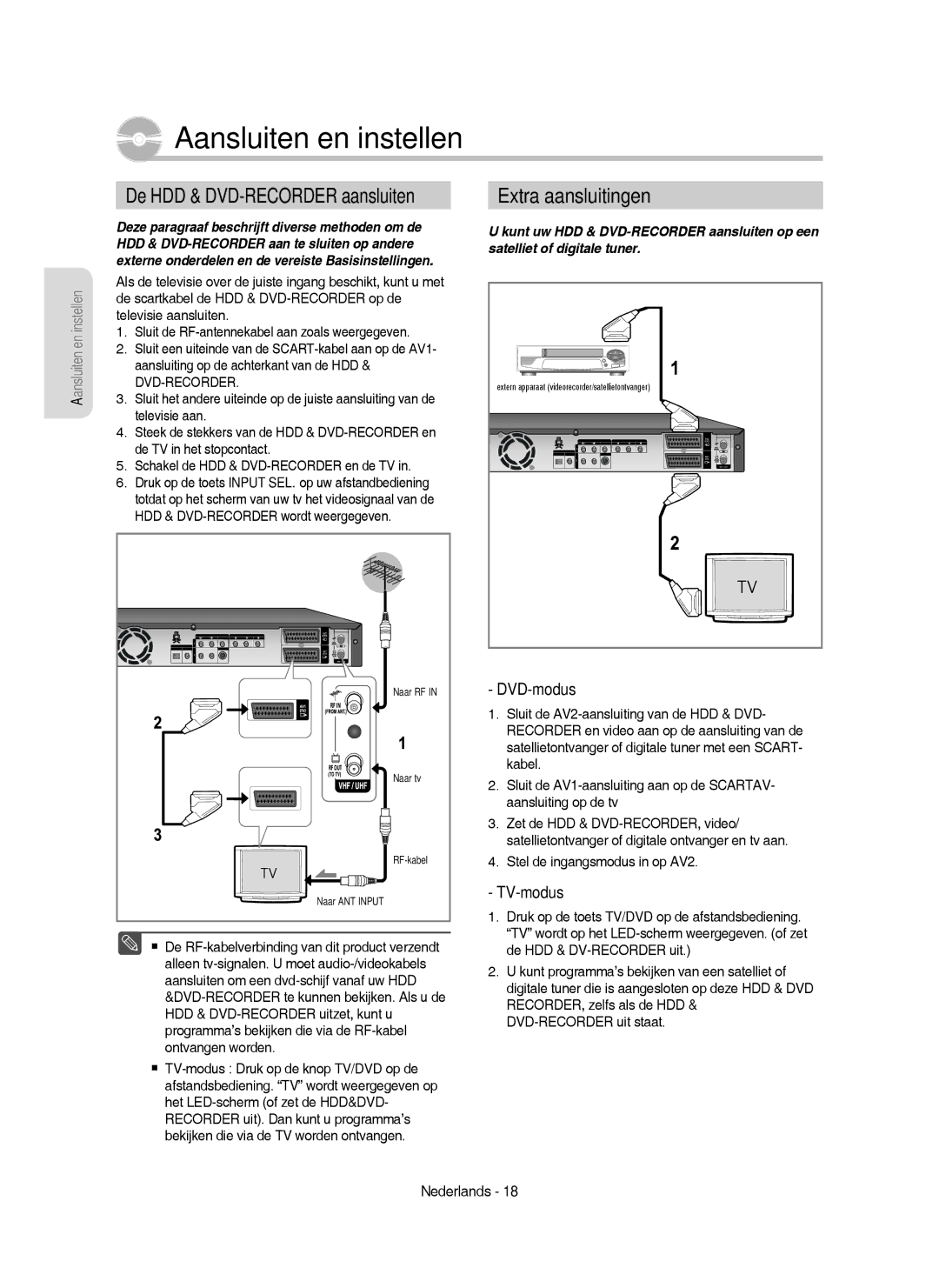 Samsung DVD-HR750/AUS Aansluiten en instellen, Extra aansluitingen, De HDD & DVD-RECORDER aansluiten, DVD-modus, TV-modus 