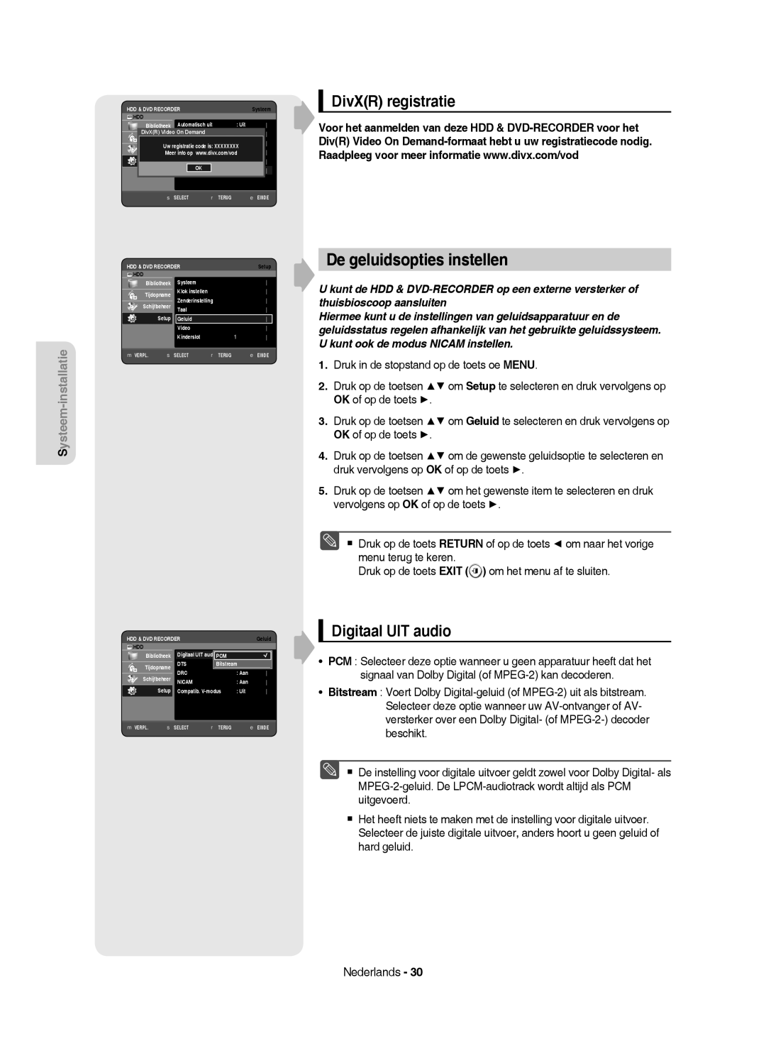 Samsung DVD-HR750/AUS, DVD-HR750/XEG, DVD-HR750/XEB manual De geluidsopties instellen, DivXR registratie, Digitaal UIT audio 