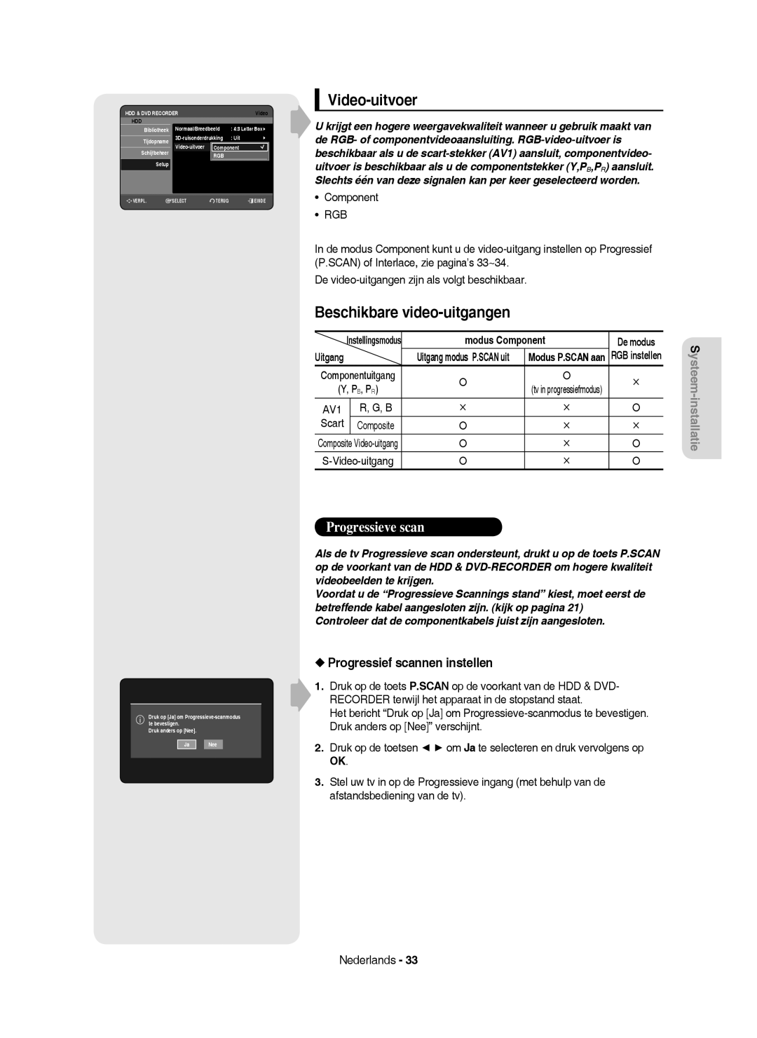 Samsung DVD-HR750/AUS manual Video-uitvoer, Beschikbare video-uitgangen, Progressief scannen instellen, Modus Component 