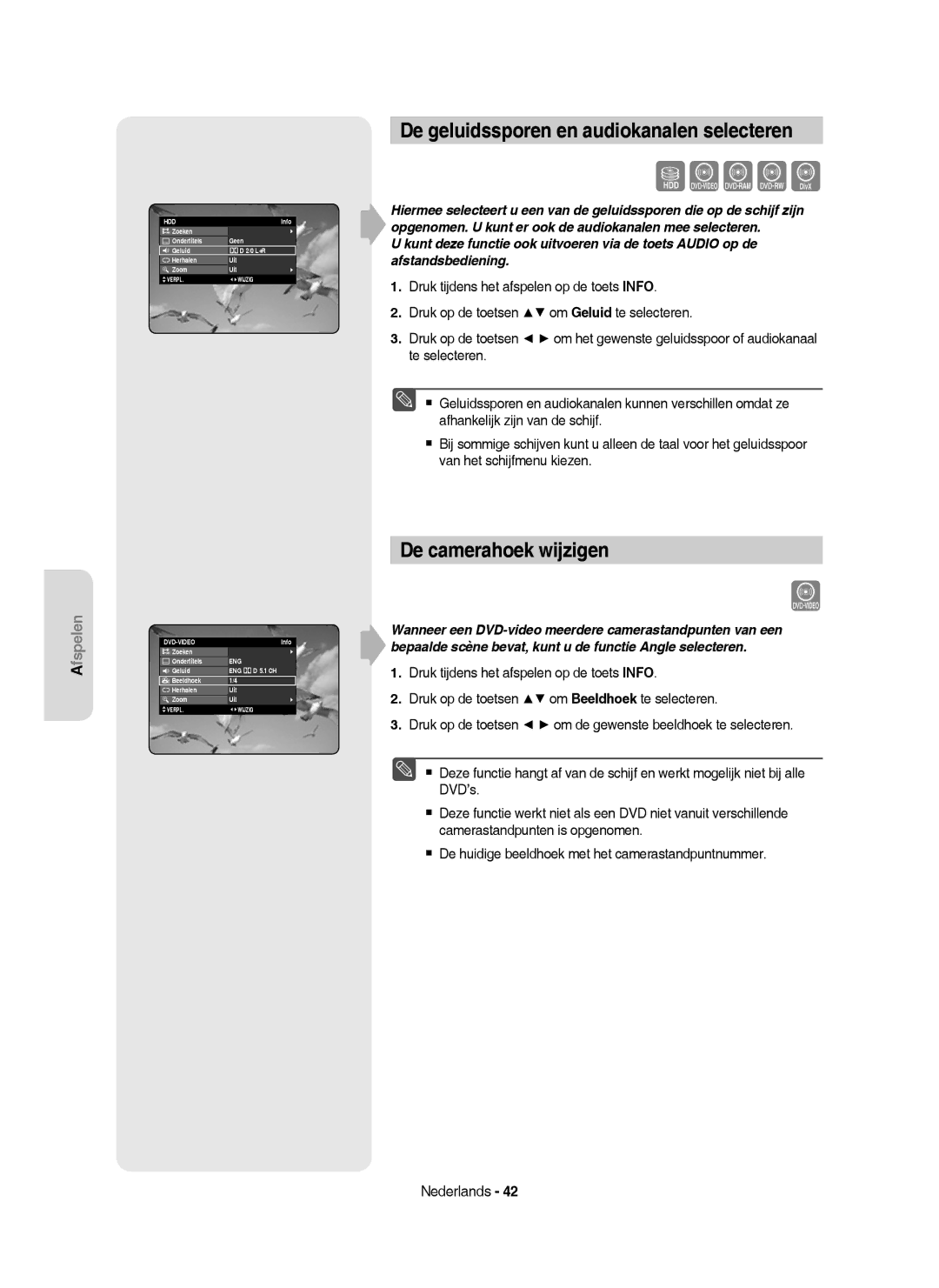 Samsung DVD-HR750/AUS manual De geluidssporen en audiokanalen selecteren, De camerahoek wijzigen, Zoeken Ondertitels 