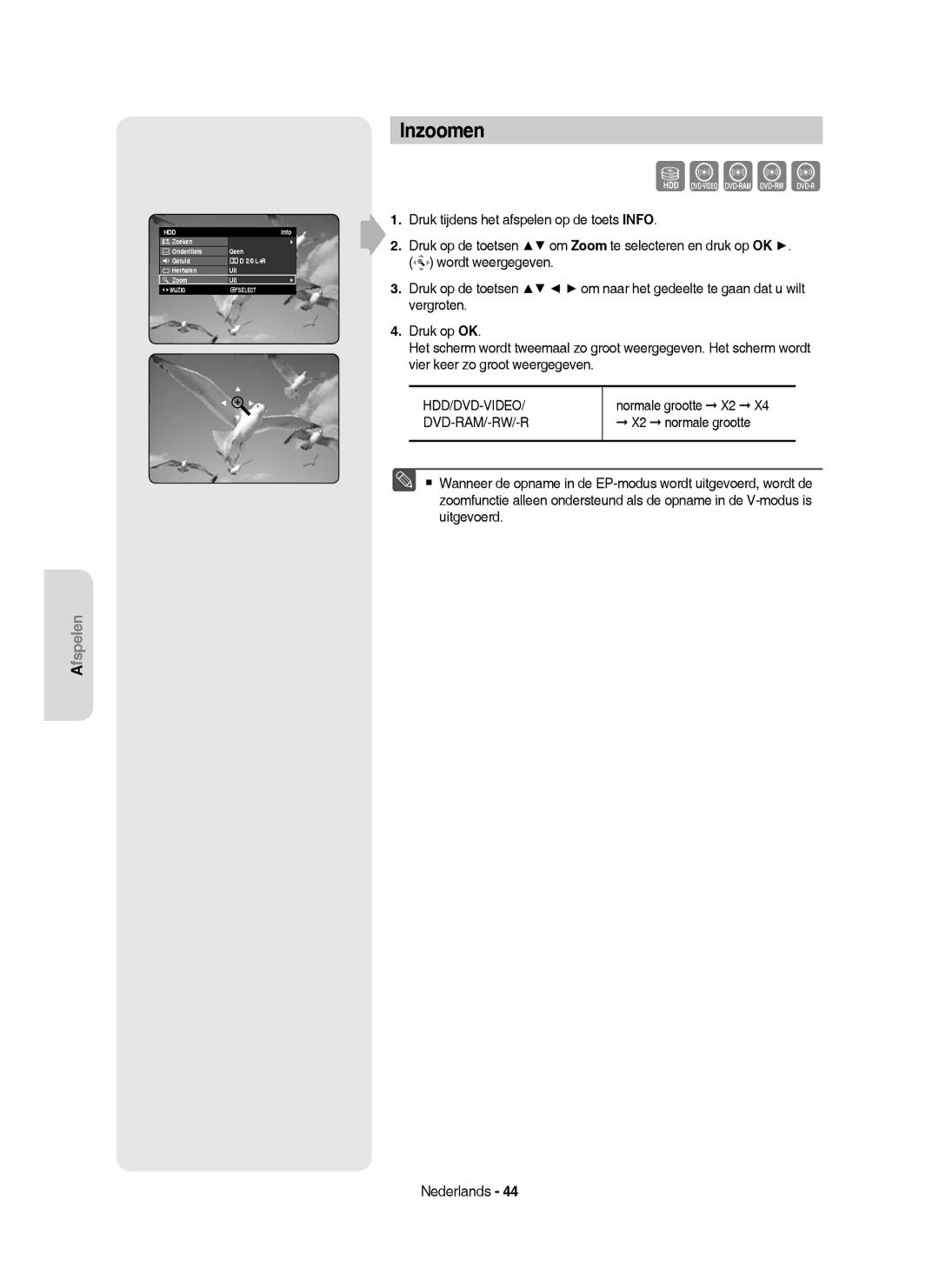 Samsung DVD-HR750/XEB, DVD-HR750/XEG, DVD-HR750/AUS manual Inzoomen, Normale grootte X2, X2 normale grootte 