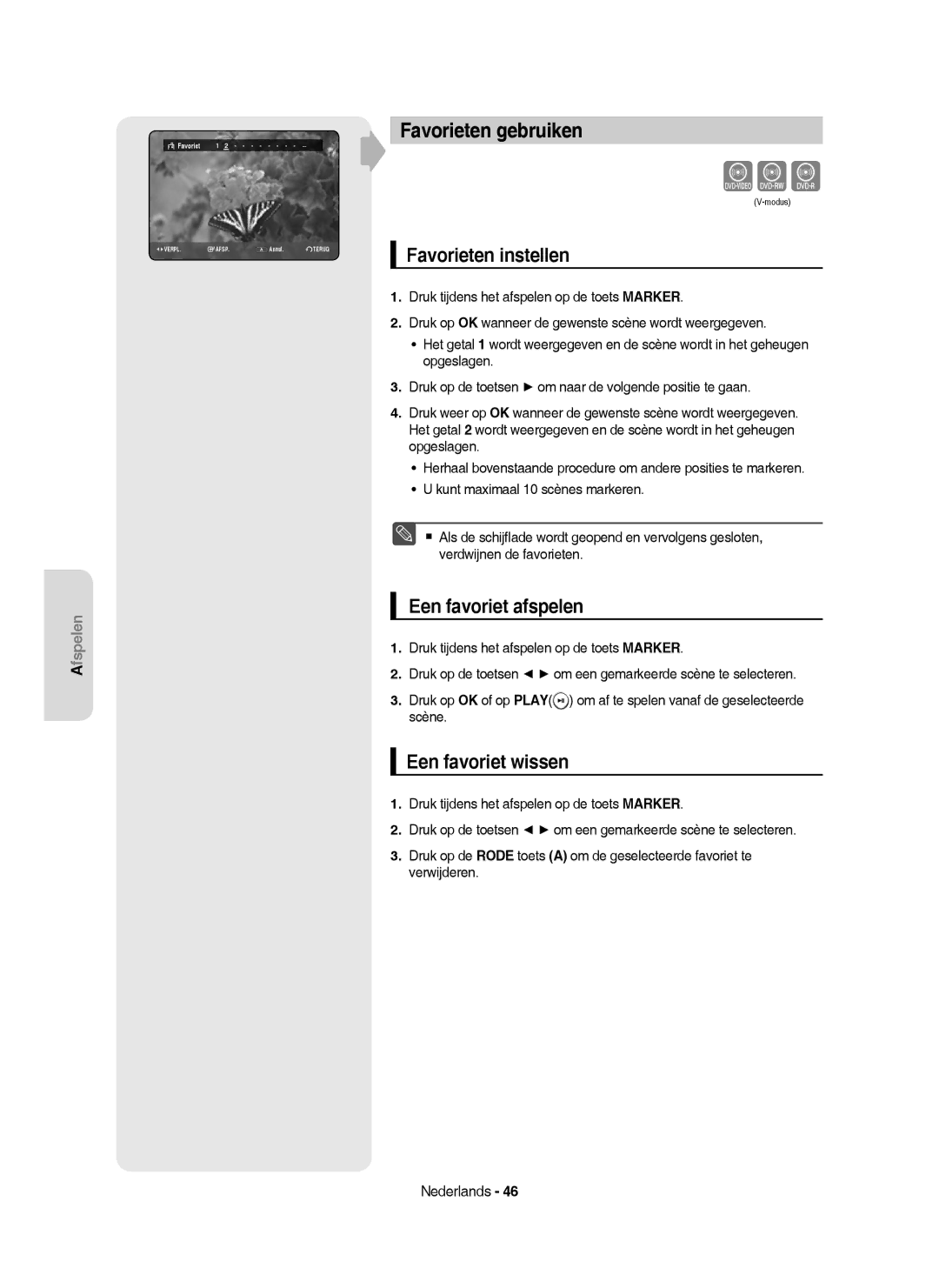 Samsung DVD-HR750/XEG manual Favorieten gebruiken, Favorieten instellen, Een favoriet afspelen, Een favoriet wissen 