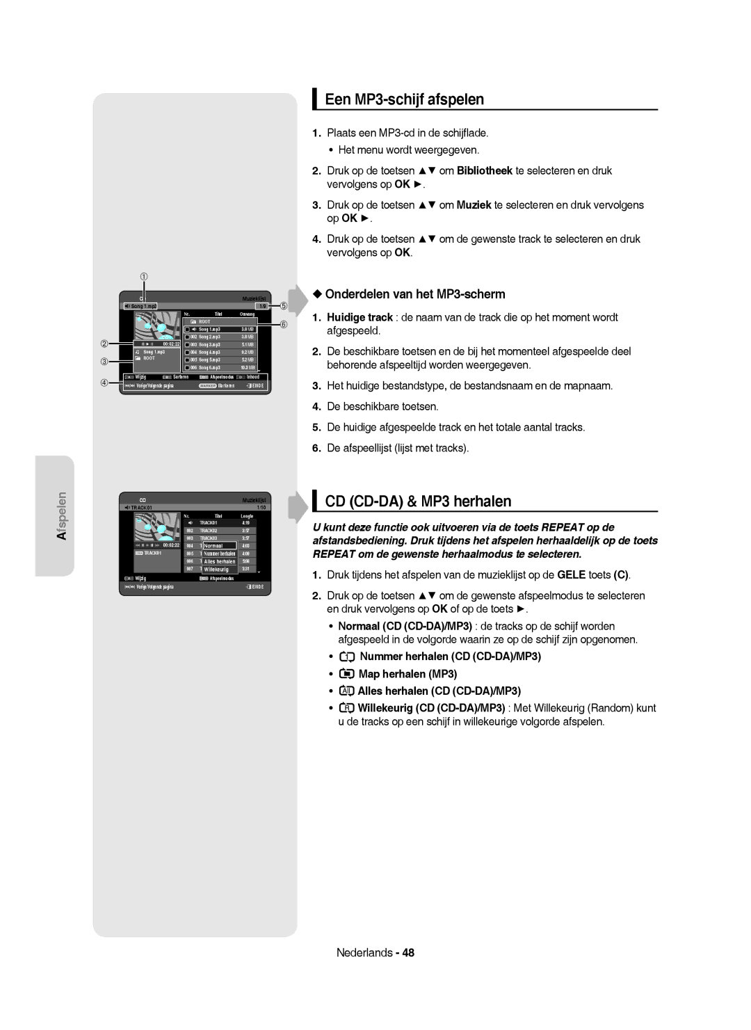 Samsung DVD-HR750/AUS, DVD-HR750/XEG manual Een MP3-schijf afspelen, CD CD-DA & MP3 herhalen, Onderdelen van het MP3-scherm 