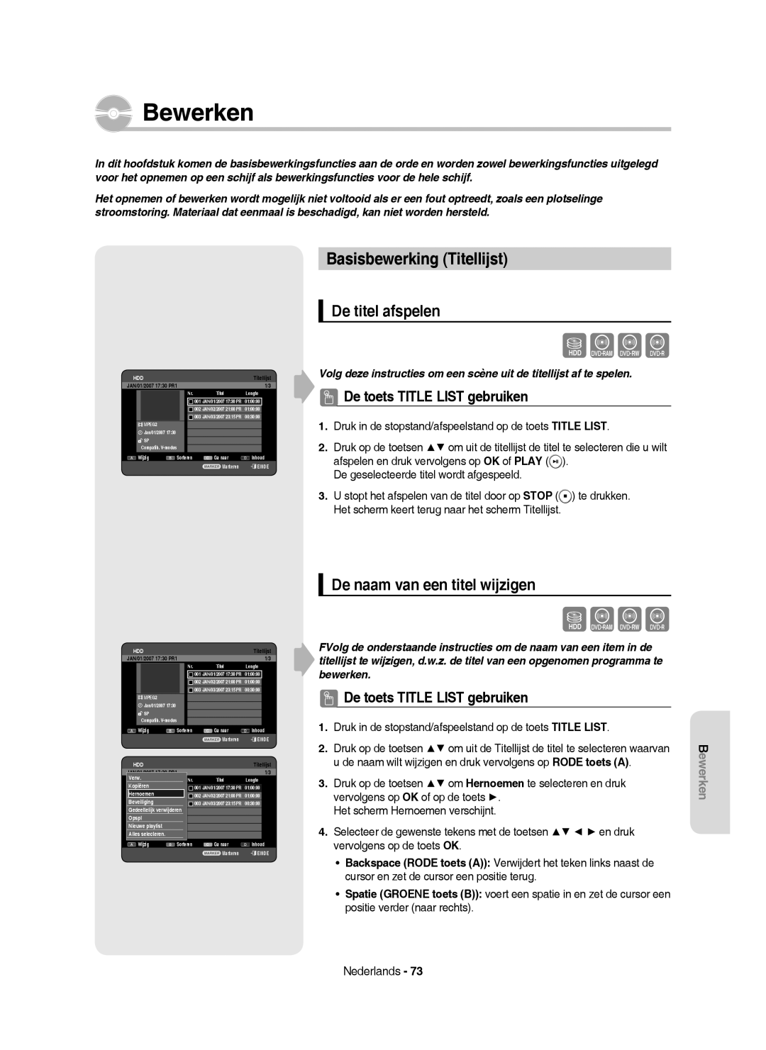 Samsung DVD-HR750/XEG manual Bewerken, Basisbewerking Titellijst, De titel afspelen, De naam van een titel wijzigen 