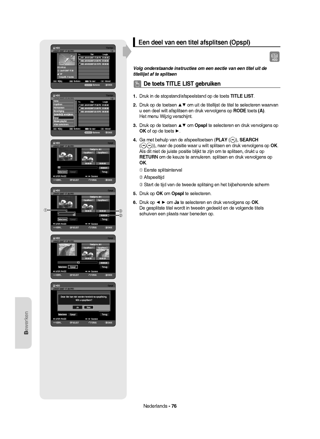 Samsung DVD-HR750/XEG manual Een deel van een titel afsplitsen Opspl, Druk op OK om Opspl te selecteren, Opspl Terug 