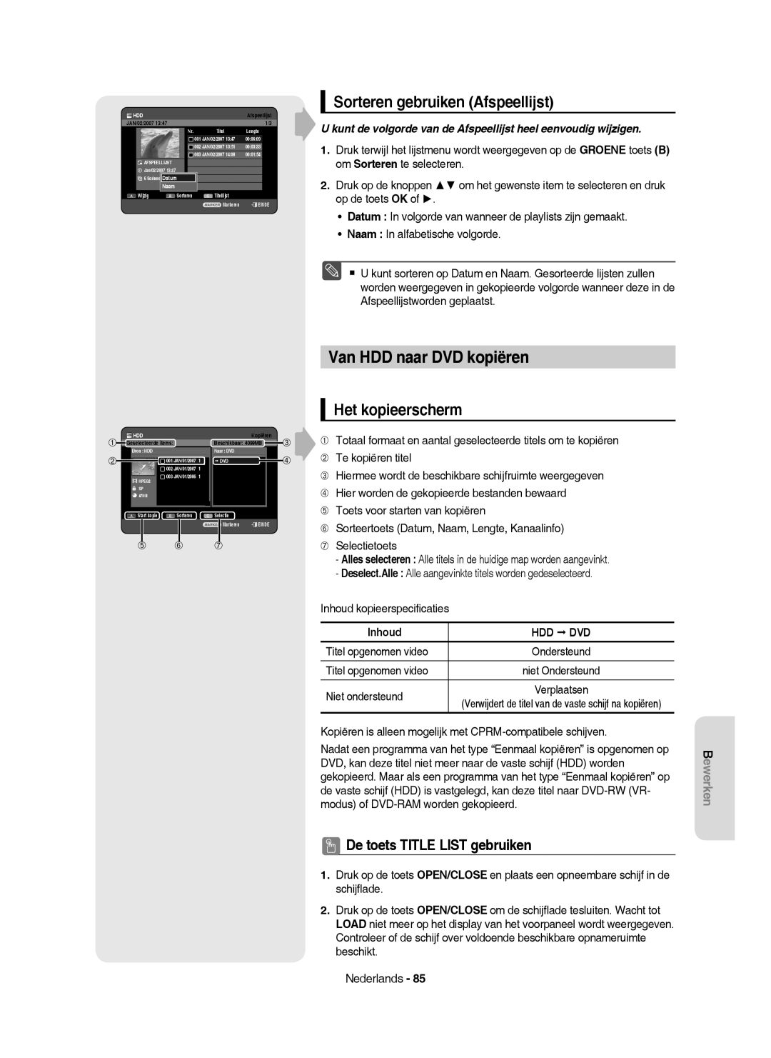 Samsung DVD-HR750/XEG, DVD-HR750/XEB manual Van HDD naar DVD kopiëren, Sorteren gebruiken Afspeellijst, Het kopieerscherm 