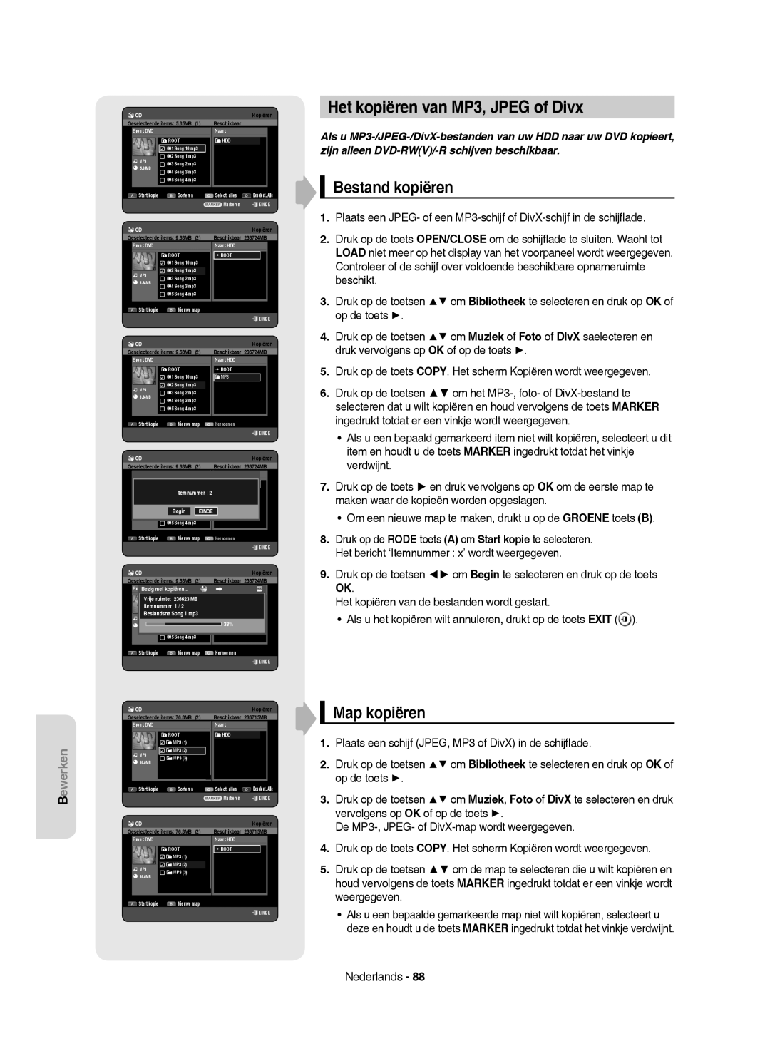 Samsung DVD-HR750/XEG, DVD-HR750/XEB, DVD-HR750/AUS manual Het kopiëren van MP3, Jpeg of Divx, Bestand kopiëren, Map kopiëren 