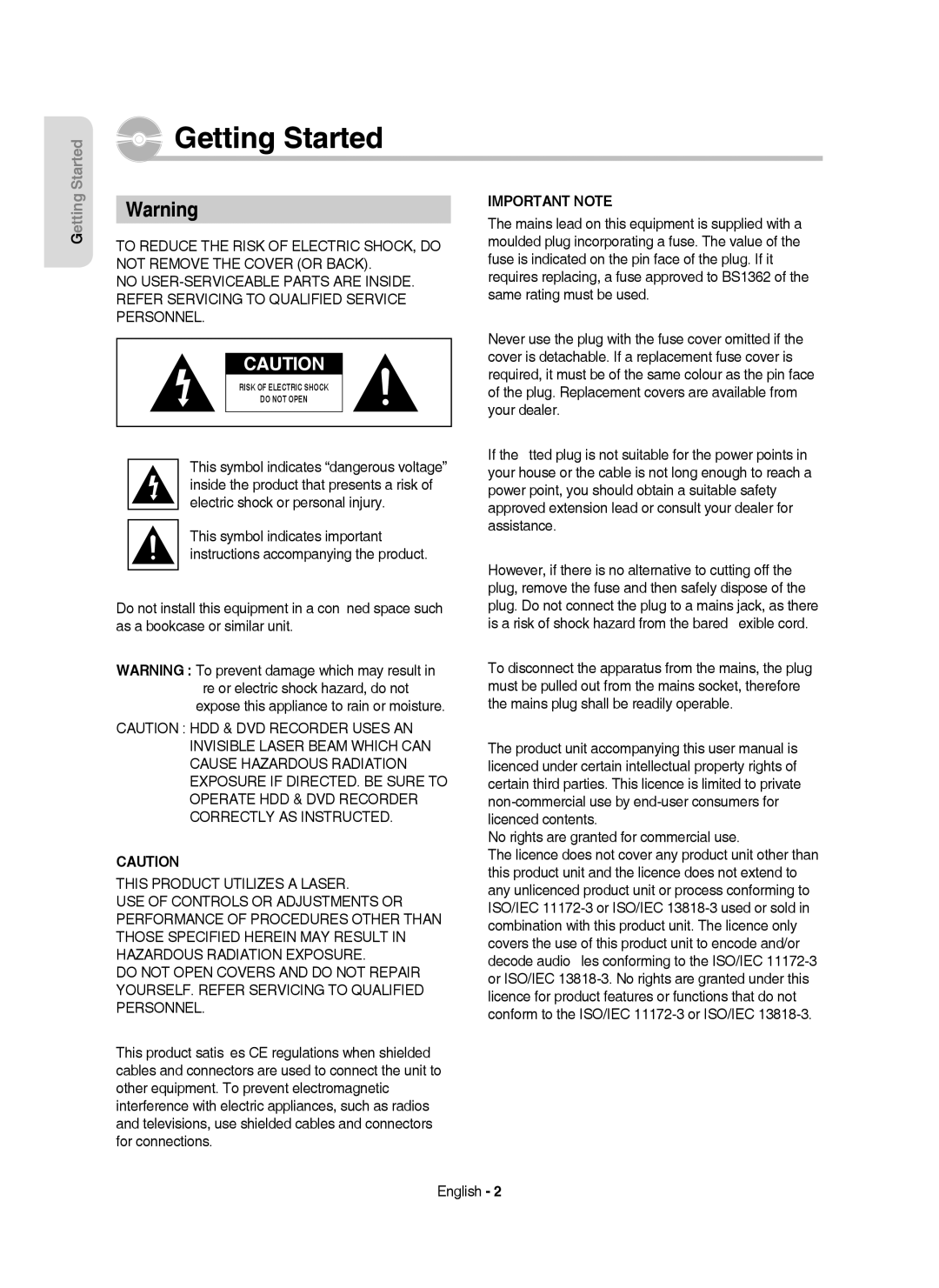 Samsung DVD-HR750/AUS, DVD-HR750/XEG, DVD-HR750/XEB manual Getting Started, No rights are granted for commercial use, English 