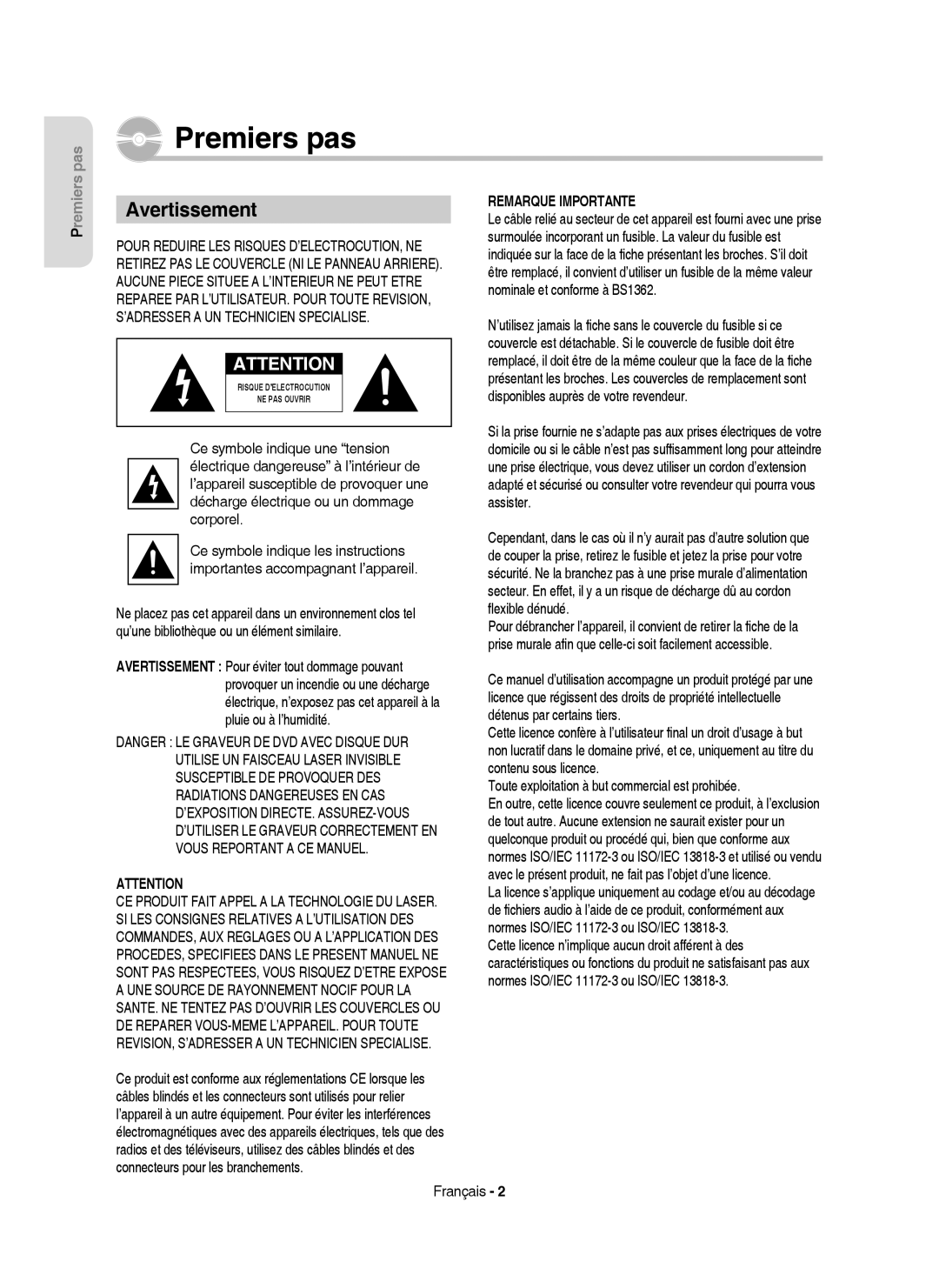 Samsung DVD-HR750/XEB manual Premiers pas, Avertissement, Toute exploitation à but commercial est prohibée, Français 