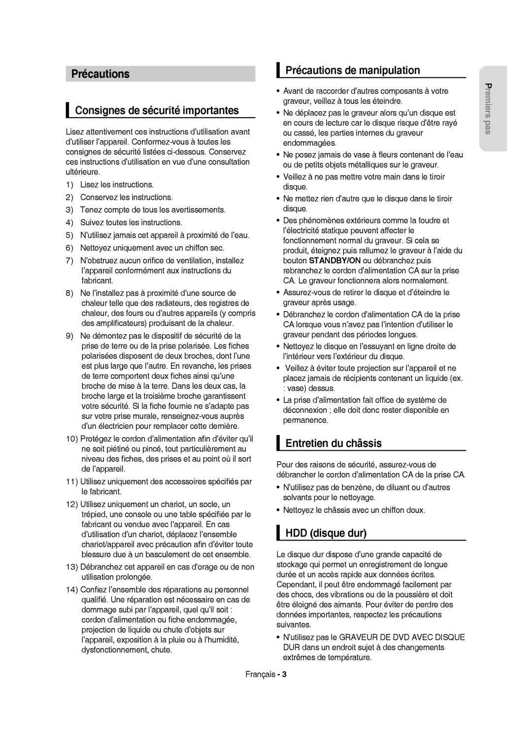 Samsung DVD-HR750/AUS manual Précautions de manipulation, Consignes de sécurité importantes, Entretien du châssis 